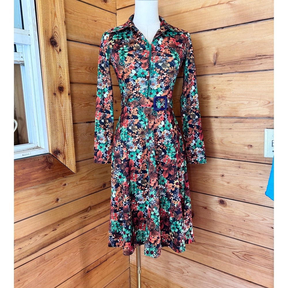 Vintage 1970s Dagger Collar Shirt Dress Small Multicolor Psychedelic Floral Mod